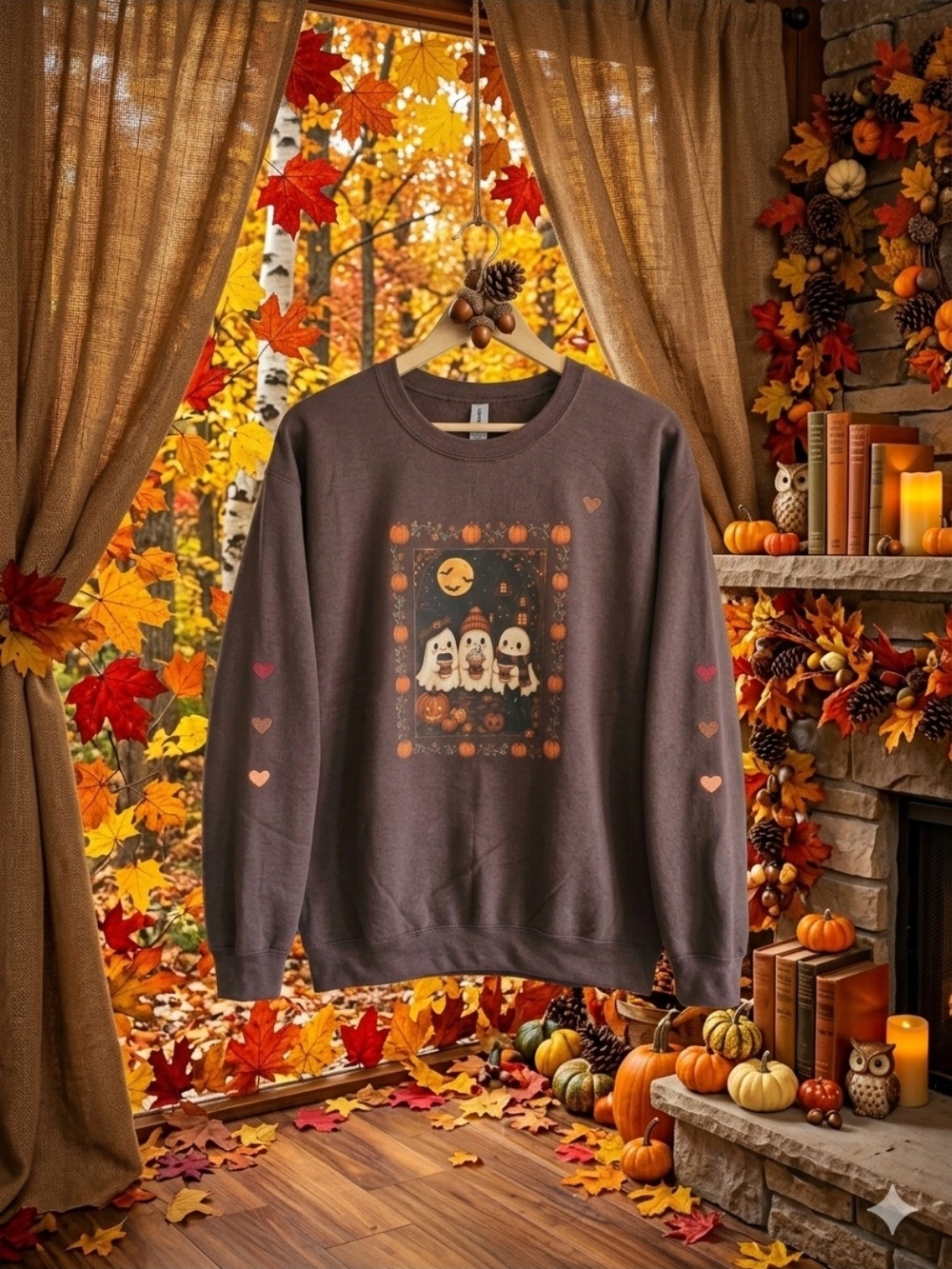 Gildan Brown Halloween Ghost Crewneck Sweatshirt with Pumpkin Hearts - Picture 2 of 2